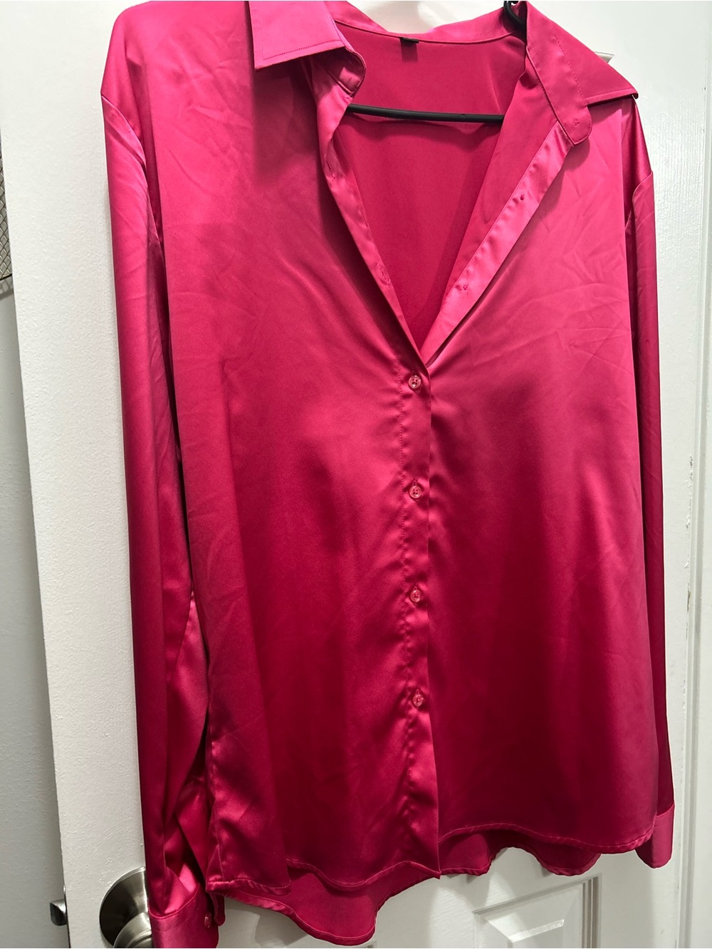 Women's Satin Button-Up Blouse - Fuchsia Pink
